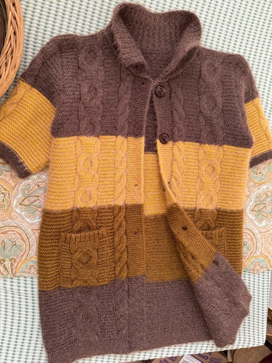 Sweaters - VTG Colorblock Cable Knit Short Sleeve Cardigan Brown Mustard Cottagecore Large